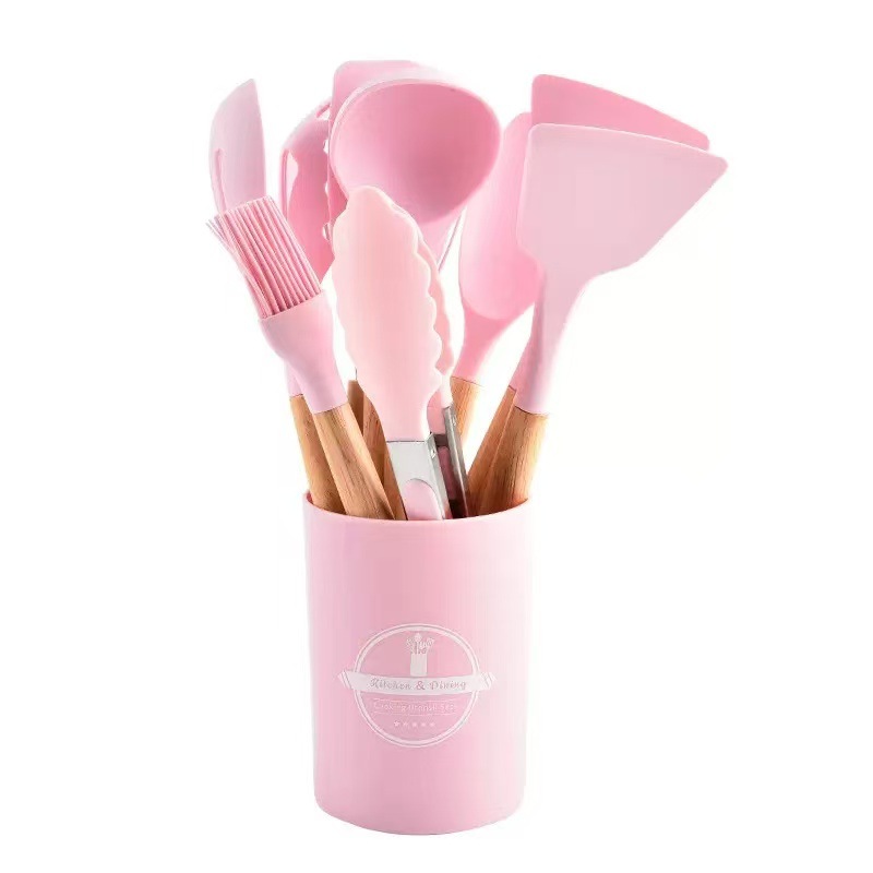 Mango de madera de cocina de silicona 12 piezas conjunto de cocina de silicona antiadherente 12 piezas conjunto de cocina de silicona resistente a alta temperatura