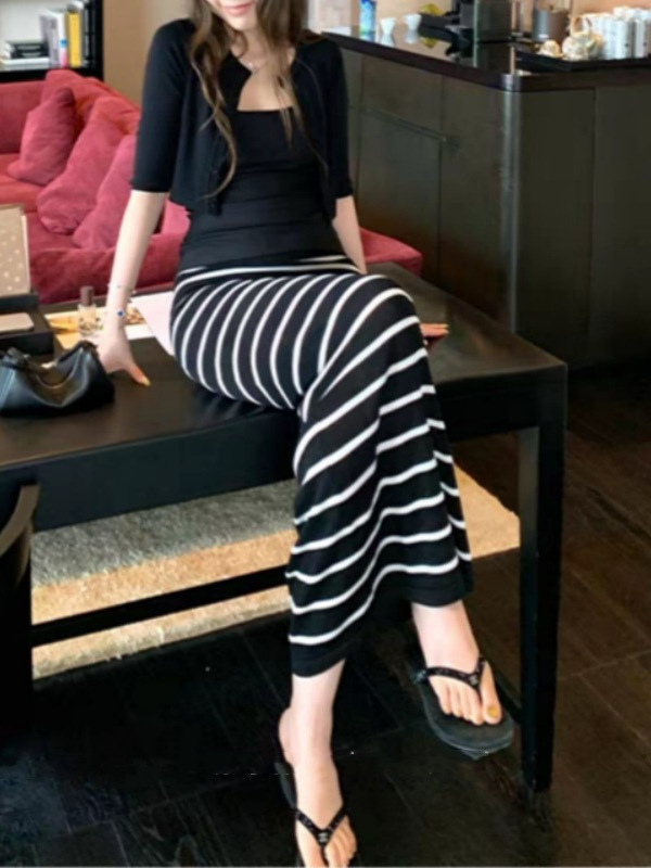 クールなテンセルスカート女性のコントラストストライプロングスカート夏の新しいスリムフィットスカート|undefined