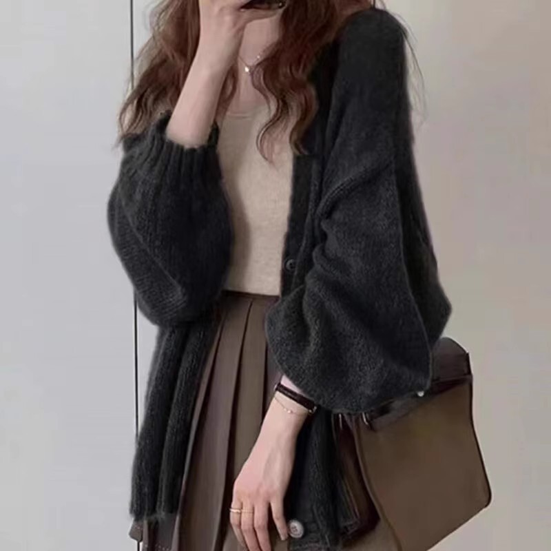 复古灯笼袖马海毛针织开衫薄款外套女2025新款慵懒风毛衣宽松上衣|undefined