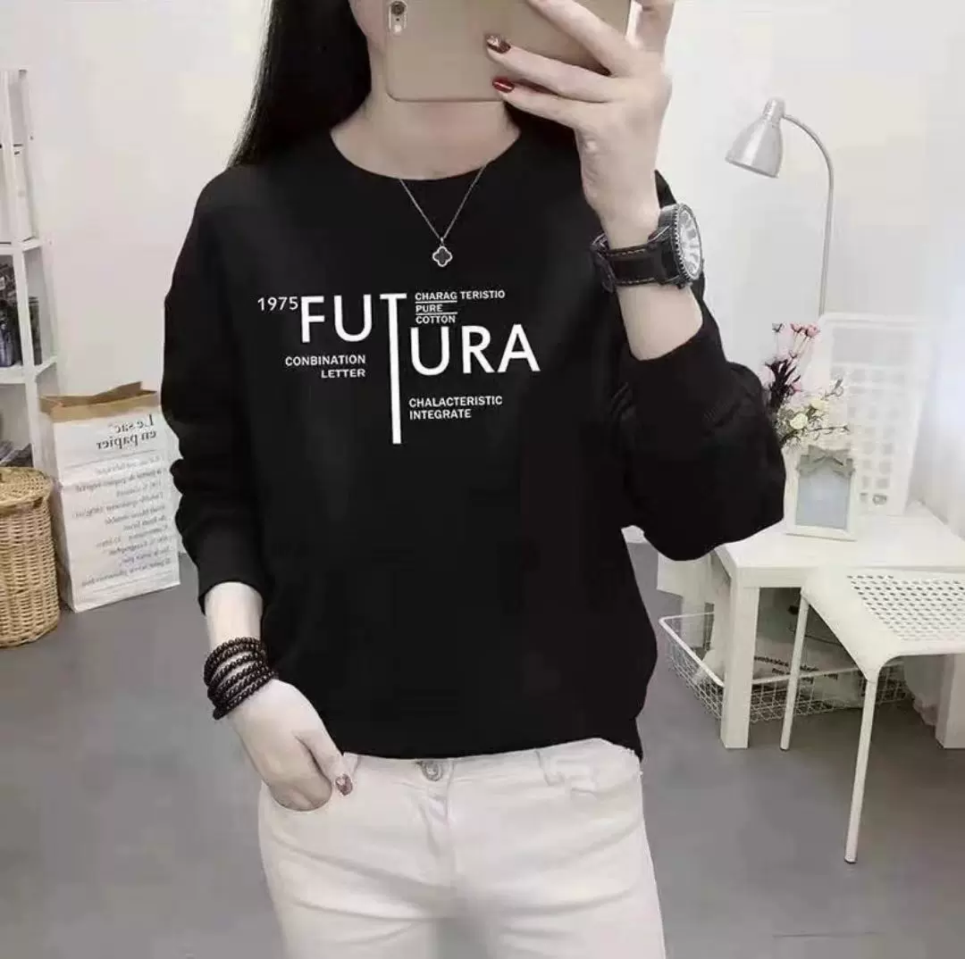 新款韩版长袖圆领卫衣女士ins慵懒风外套上衣 春秋百搭圆领卫衣女