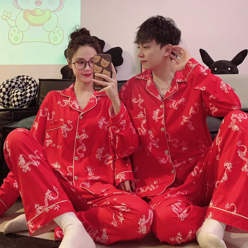 Red Dragon año pareja pijamas primavera y otoño de las mujeres de algodón puro de manga larga 2024 nueva boda año de nacimiento traje de verano de los hombres