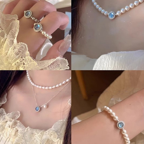 925 Pure Silver Aquamarine Natural Freshwater Pearl Ring Bracelet and Necklace Set for Women - Unique, High-End, Light Luxury, Versatile