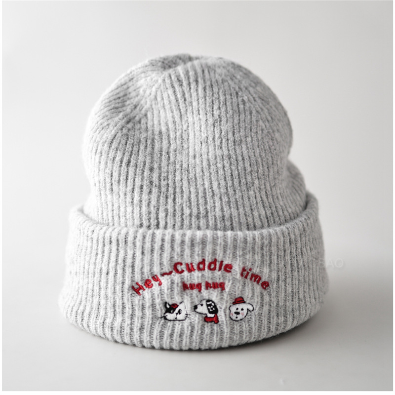 卡通小动物头像刺绣针织帽男女同款简约休闲百搭秋冬户外保暖护耳