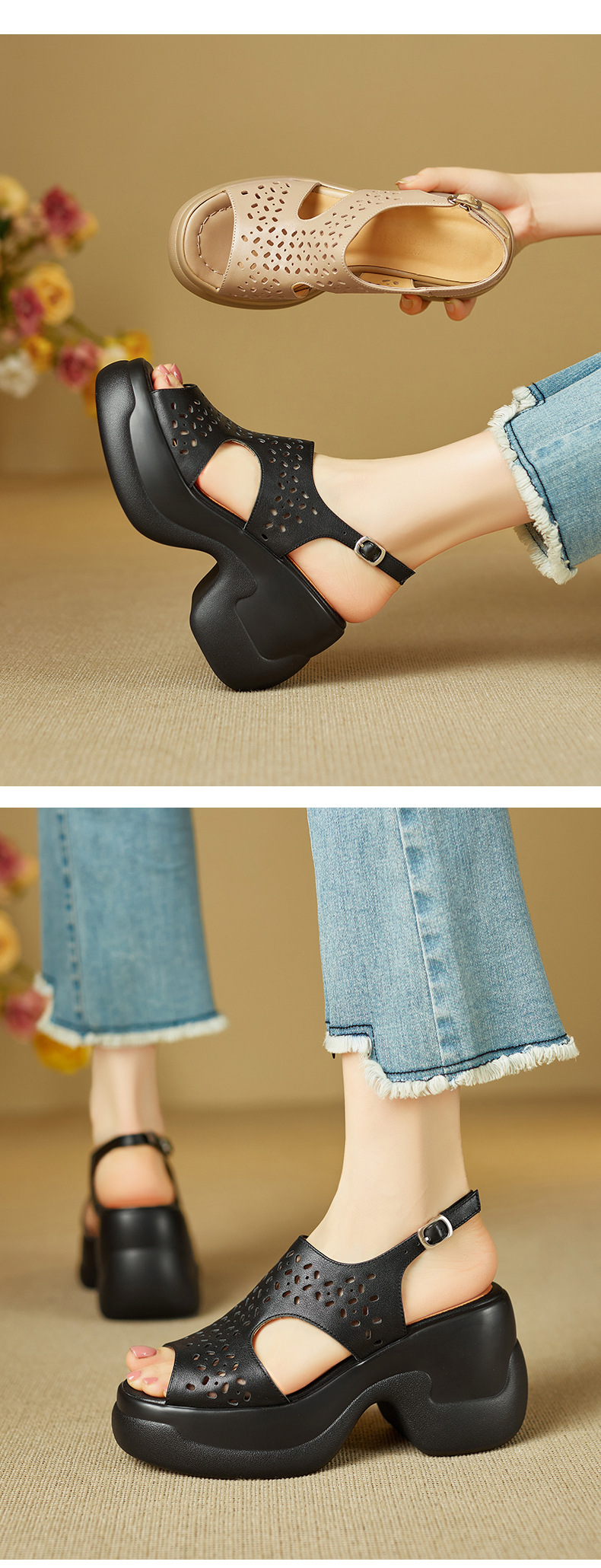 Sandal cao gót nữ quai ngang đế xuồng gót 9 cm — đen chi tiết 3