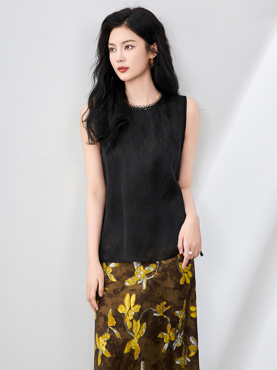 Áo hai dây organza ren cổ tròn phong cách thanh lịch mùa hè — Màu đen