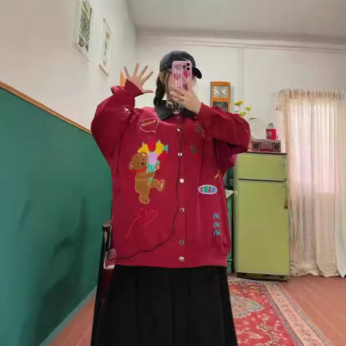 Street Retro Spice Girl Cute Bear Embroidered Contrast Color Spring and Autumn Loose College Thin Coat Jacket Top Women's Fashion