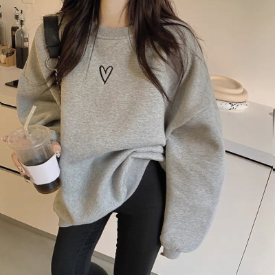 简约风oversize无帽卫衣女春秋季薄款韩版百搭休闲长袖印花上衣服