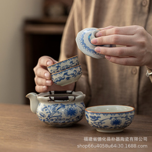 Antique Ru Kiln Blue and White Teapot Teacup Beige Ceramic Master Cup Single Cup High-End Household Quick Cup Kung Fu Tea Set