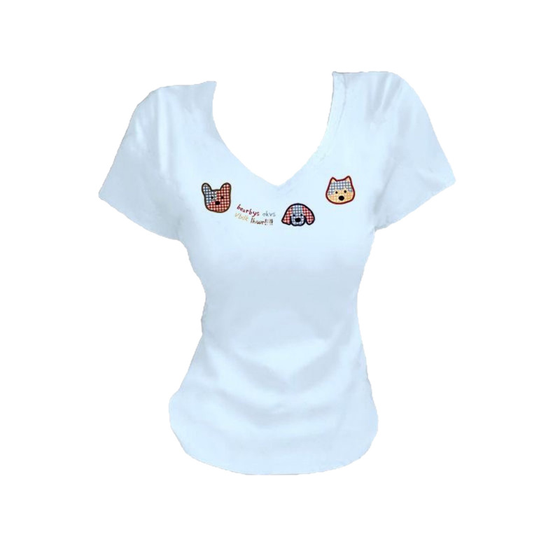 40番手綿韓国風シックな白右肩Vネックプリント半袖Tシャツレディース夏新作ドーパミン痩身|undefined