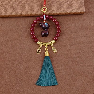 Circle Five Blessings Complete Car – Car hanging - blood-sandalwood-deer-seeds-green-tassels