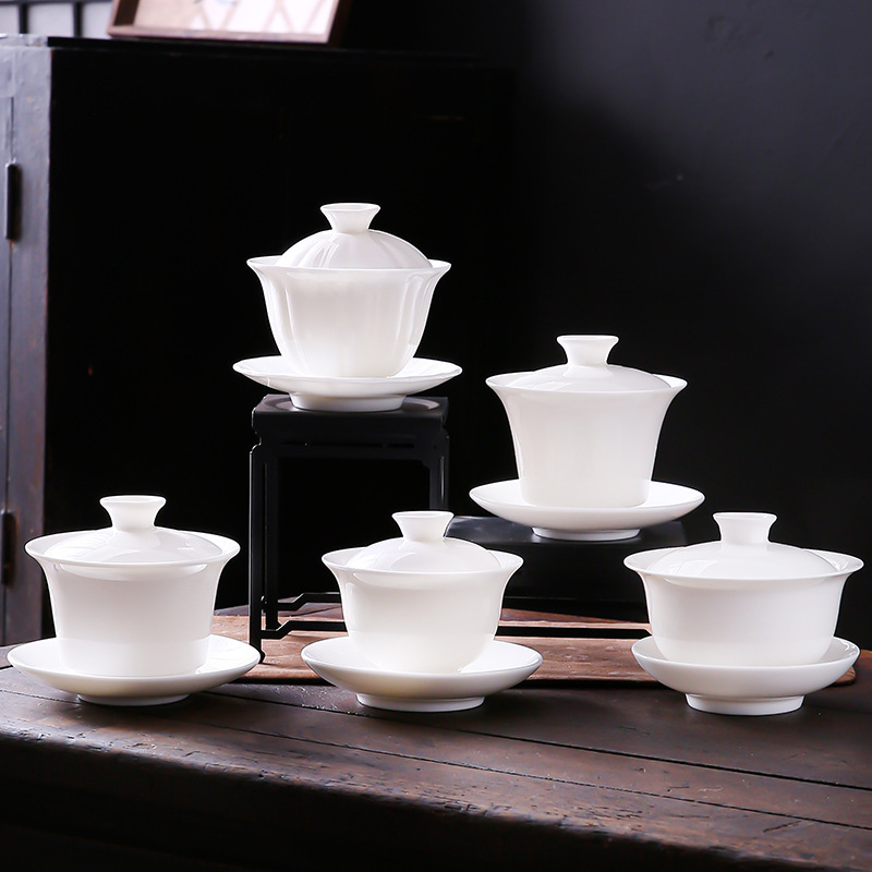Dehua White Porcelain Sheep Fat Jade Three-Talented Gaiwan Single Tea Bowl Tea Set Ceramic Large Size Wholesale with Lid Modern Minimalist Dehua White Porcelain Sheep Fat Jade Three-Talented Gaiwan Single Tea Bowl Tea Set Ceramic Large Size Wholesale with Lid Modern Minimalist