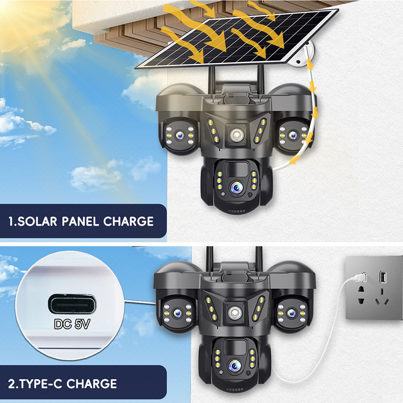 Three-lens three-screen 4G high-definition solar dome camera monitoring solar camera 4G solar 3lens details Picture