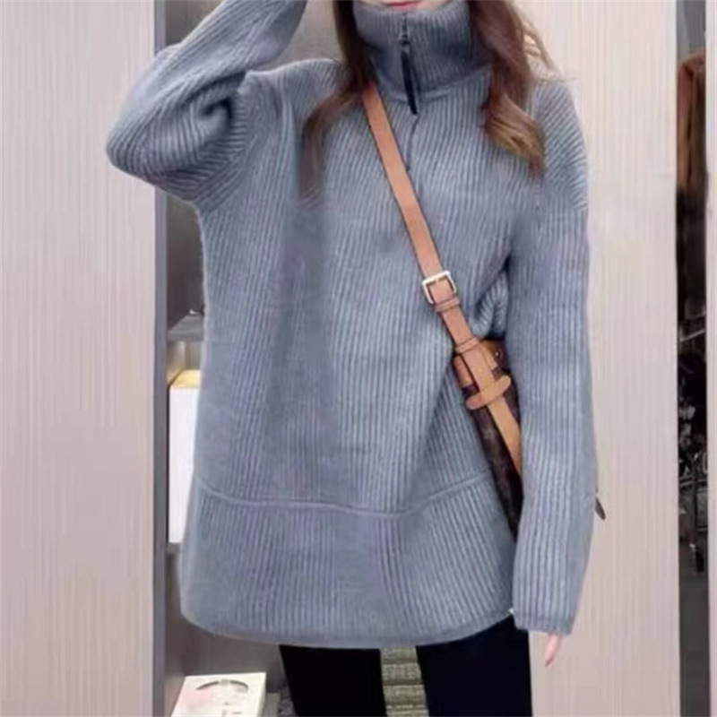 2025 秋と冬の新しい厚みのあるスタンドカラーセータージャケット女性の新しいルーズスリムタートルネックプラスニットトップ|undefined