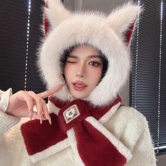 可爱狐狸耳朵毛绒红色帽子围巾一体女秋冬季高级感围脖骑车保暖帽