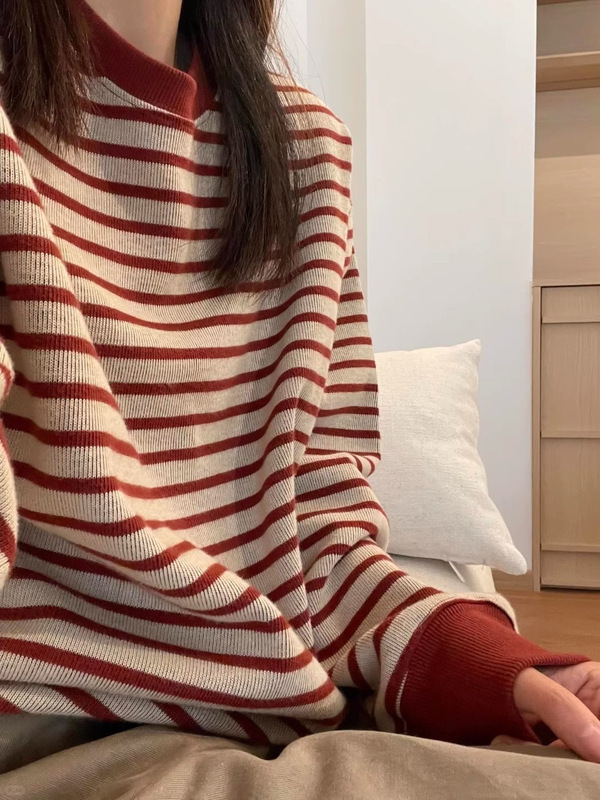 MSMARM 韩系慵懒红色条纹圆领卫衣女秋季2025新款宽松休闲上衣|undefined