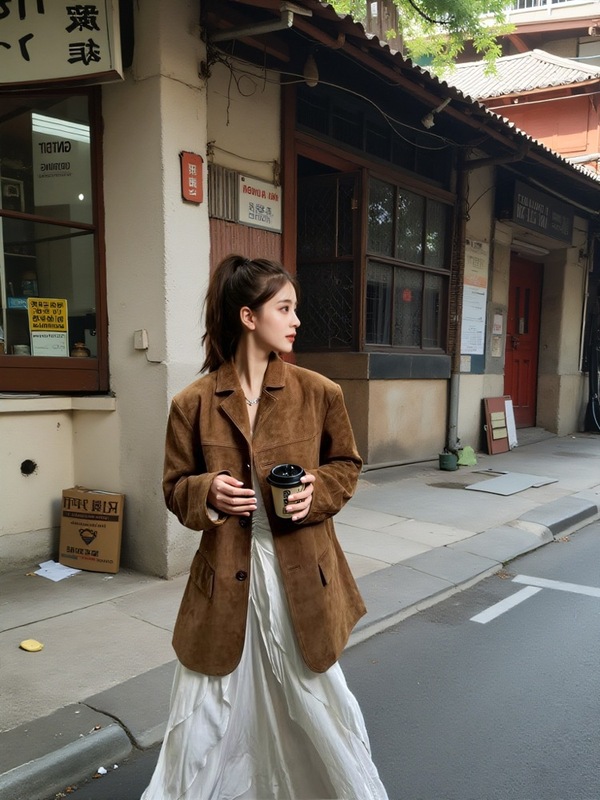 美拉德复古麂皮绒西装外套女春秋季2025新款感小个子棕色皮衣|undefined
