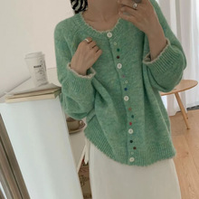 KANING韩版彩扣撞色软糯针织开衫2025秋冬新款宽松显瘦圆领毛衣女
