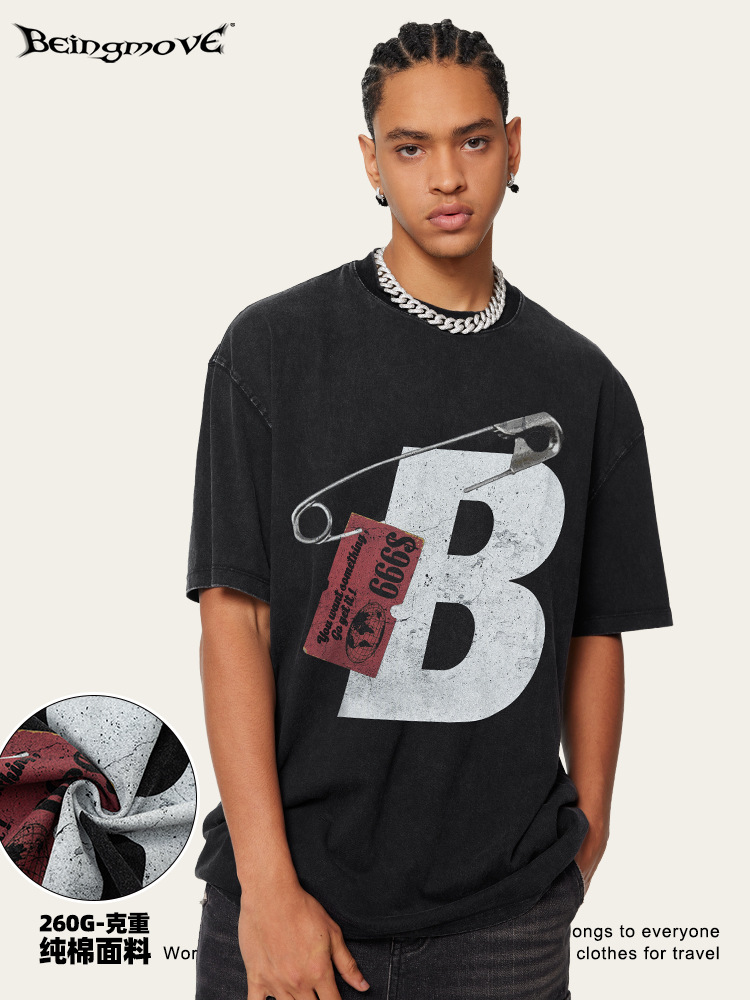 2025 verano estilo de moda americana pin nicho de diseño camiseta de hombre pesada camiseta de manga corta pareja al por mayor