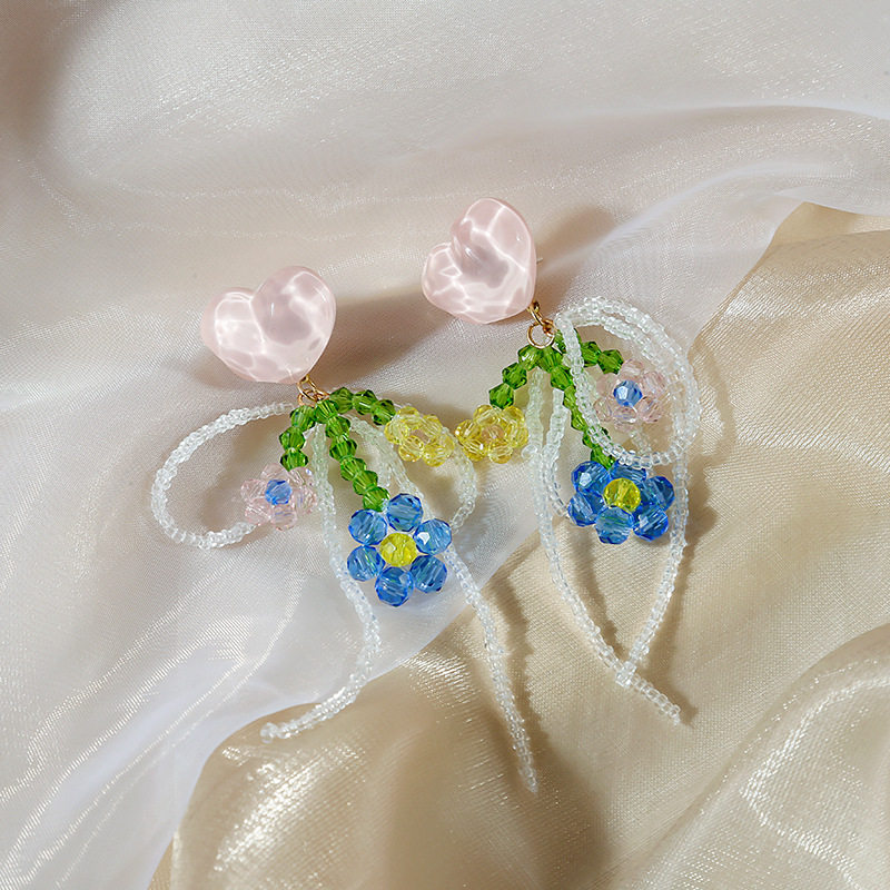 Silver Needle Colorful Tassel Love Heart Flowers Handmade Beaded Woven Earrings display picture 6