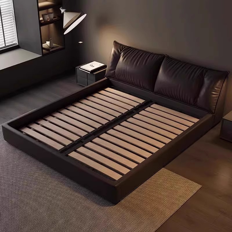 Cama de cuero minimalista italiana, cuero de vaca moderno y simple, cama de matrimonio de 1.8m, cama principal, cama doble, cama queen size