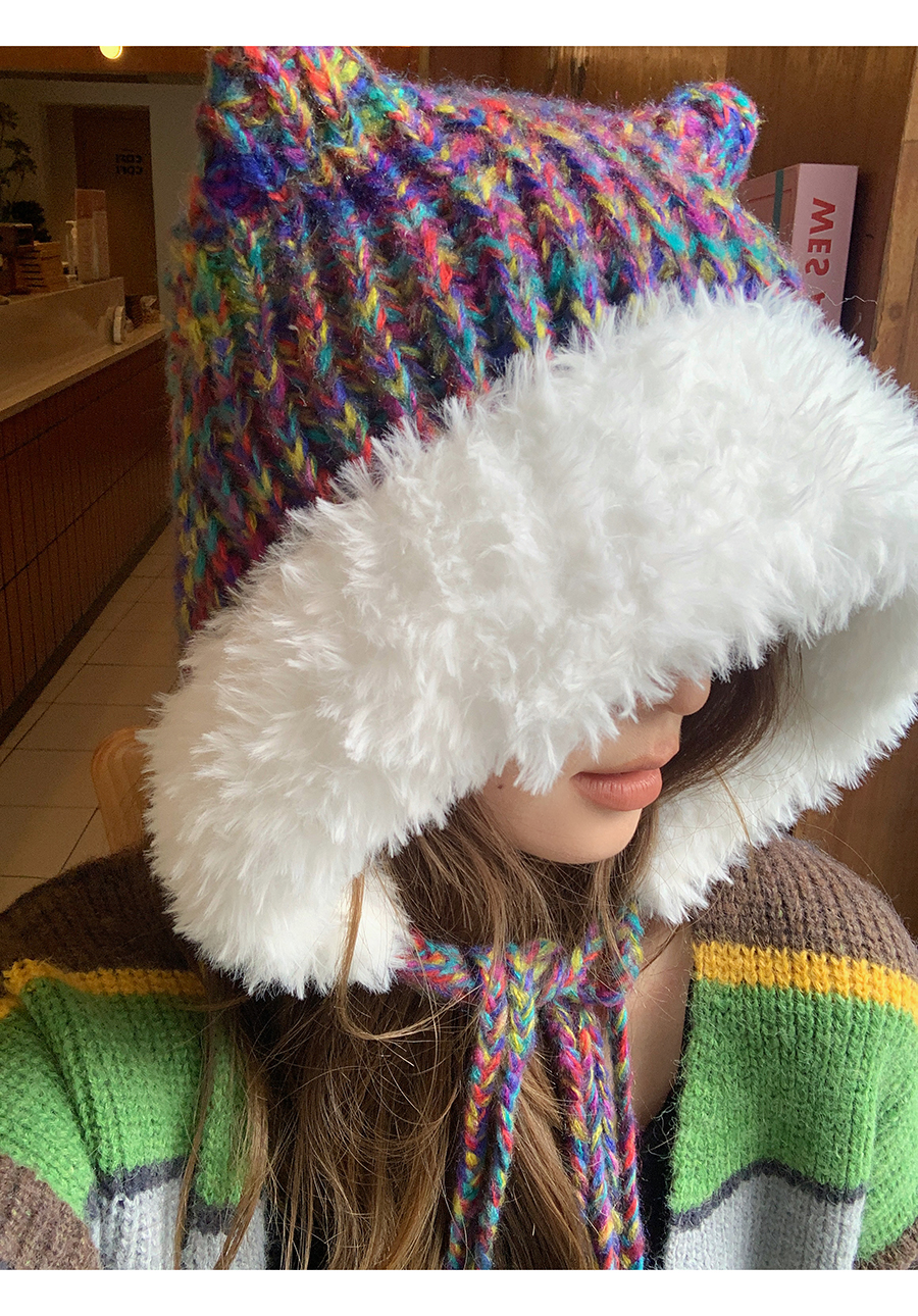 Cute Ears, Big Headband, Colorful Thick Wool Knitted Hat, Women's Autumn and Winter Warmth, Show Face, Small Plush_voghion.com