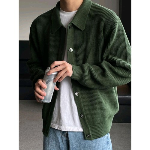 Early Autumn Dark Green Collared Knit Cardigan Open Front Jacket Men's Sweater Korean Style Men's Fashion Casual Korean Dongdaemun