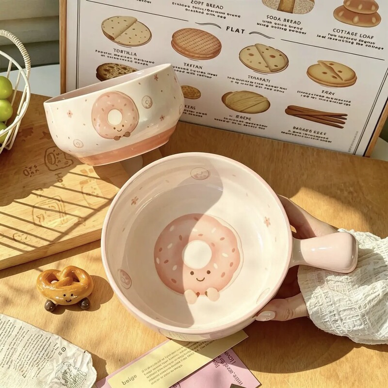 Donut-shaped ceramic bowl with handle, cute and stylish, suitable for home use, single-serving bowl, cute rice bowl, noodle bowl, baking bowl Donut-shaped ceramic bowl with handle, cute and stylish, suitable for home use, single-serving bowl, cute rice bowl, noodle bowl, baking bowl