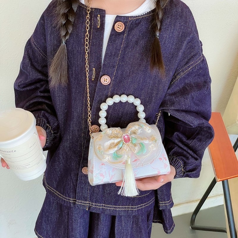 Hermoso bolso de arco de perla para niños nuevo estilo antiguo bolso de borda estilo chino colorido bolso de hombro con diamantes