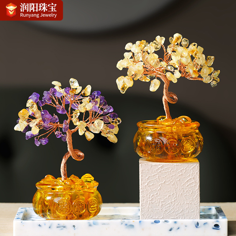 Natural citrine fortune tree colored glaze ingot cornucopia crystal tree cash cow home decoration desktop ornaments