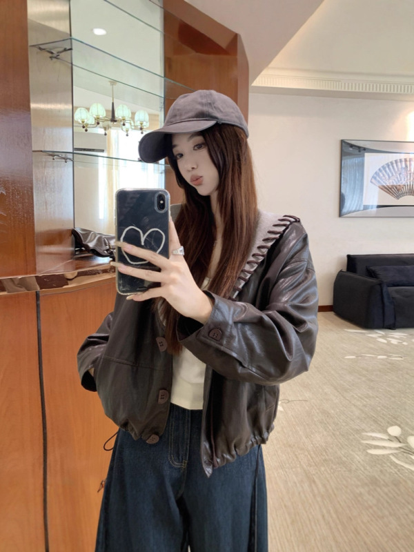 大码女装设计感海军领皮衣外套2025新款秋季韩版胖MM短款上衣|undefined