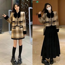 大码女装显瘦遮肉套装蝴蝶结毛呢格子外套女胖MM春装搭配一整套