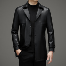 大码男士加绒海宁绵羊皮皮衣中长款外套翻领爸爸装皮夹克风衣加绒