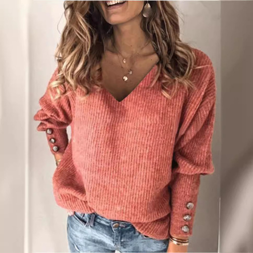 European and American autumn and winter new fashionable women's clothing hot color all-matching knitted V-neck loose long-sleeved T-shirt