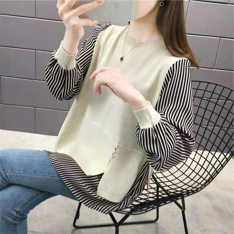 Fairy-Like Fake Two-Piece Round Neck Knitwear for Women, Autumn and Winter New Tops, Loose Splicing Shirts, Knitwears, Women's Bottoming Shirts
