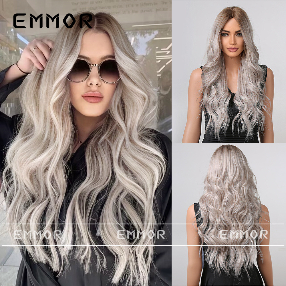 Nueva peluca europea y americana de las mujeres de pelo largo onda grande pelo rizado moda medio gradiente gris blanco cabeza completa peluca pelucas