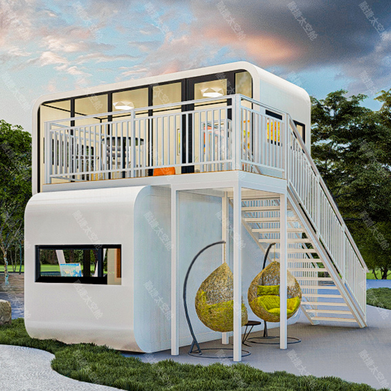 Rongjie exporta cápsula espacial sala móvil producto terminado oficina de dos pisos hotel al aire libre cápsula sala de actividades de cabina de manzana