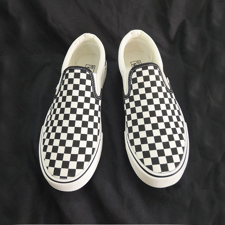 棋盘黑白格子帆布鞋男2022新款夏季透气一脚蹬懒人鞋百搭情侣板鞋