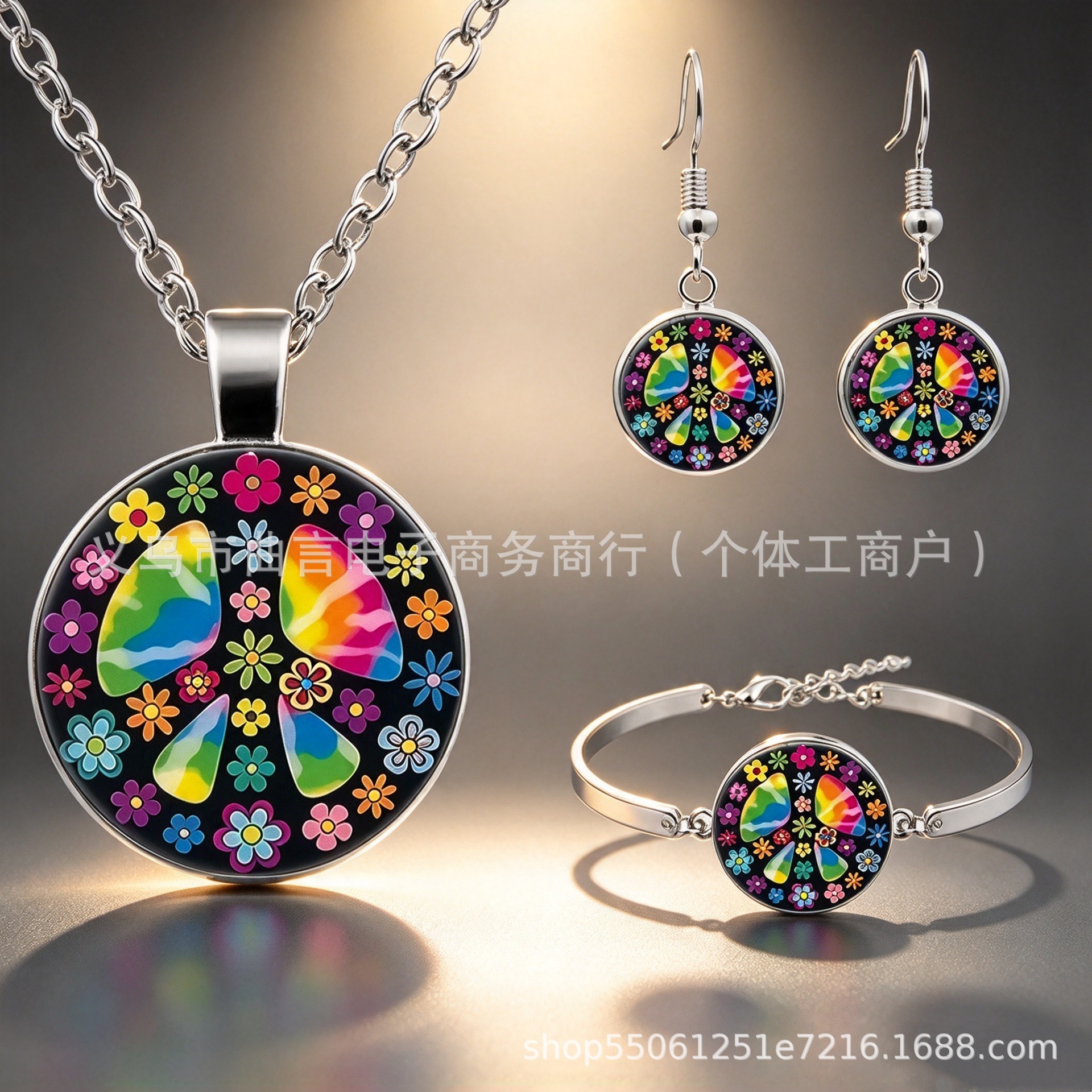 Foreign trade earrings, necklaces, and bracelets fashion jewelry set with colorful floral patterns, suitable for daily and party wear