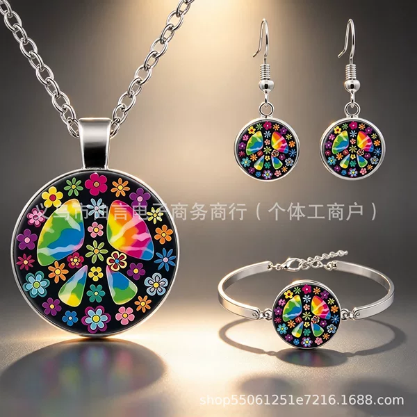 Foreign trade earrings, necklaces, and bracelets fashion jewelry set with colorful floral patterns, suitable for daily and party wear