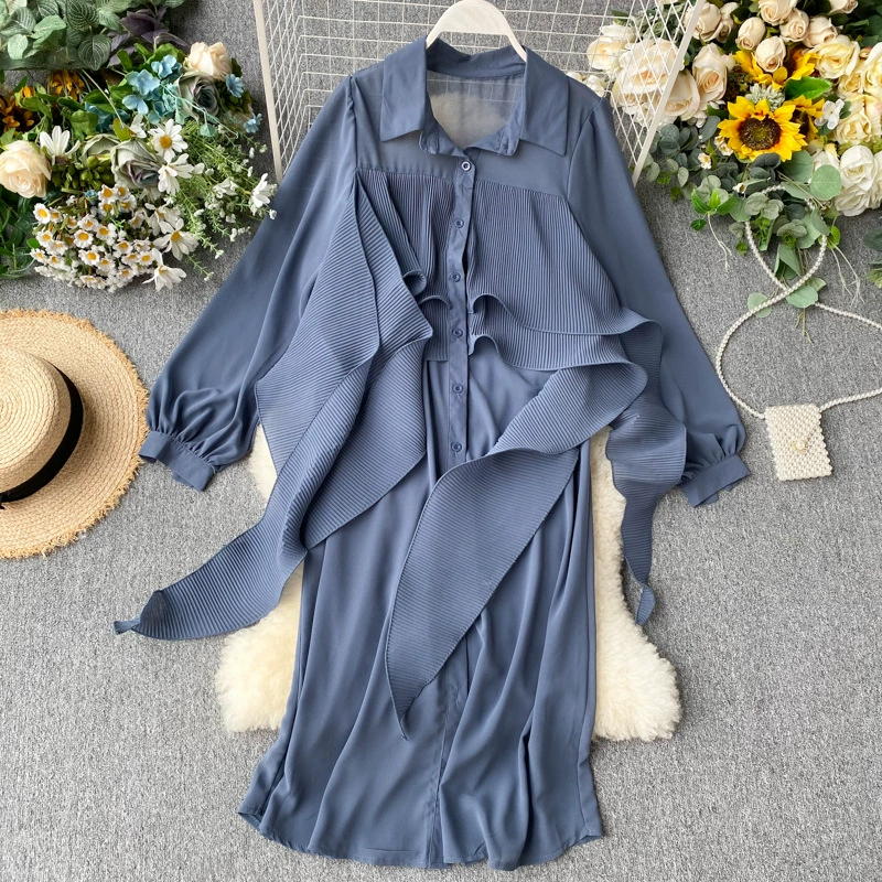 Европейские и американские рубашки женские дизайнерские чувства нишевые плиссированные ребра свободные средние длинные шифоновые платья