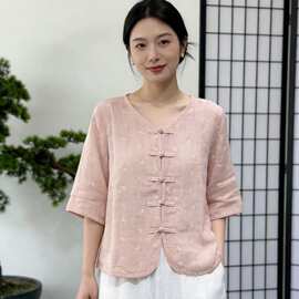 2026夏季苎麻衬衫女新中式盘扣苎麻小衫女气质绣花圆领茶服新款