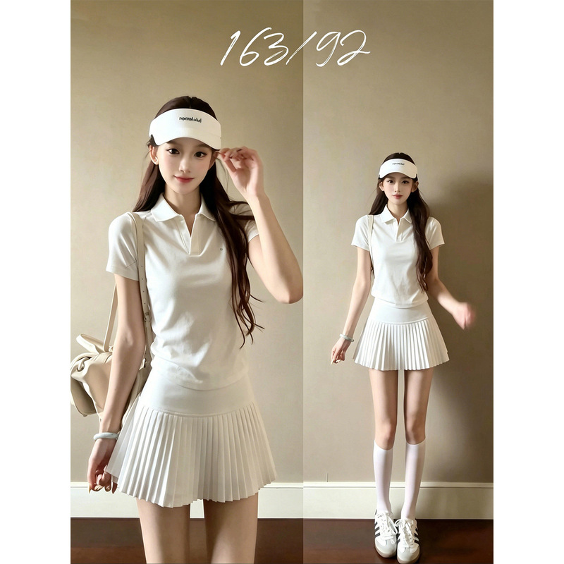 White Straight-Shoulder Polo Collar Short-Sleeve T-Shirt for Women, 2026 New Summer Slim-Fit Korean Style Sporty Waist-Cinching Slimming Top White Straight-Shoulder Polo Collar Short-Sleeve T-Shirt for Women, 2026 New Summer Slim-Fit Korean Style Sporty Waist-Cinching Slimming Top