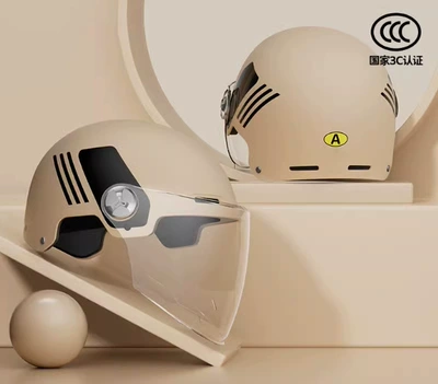 Helmet for Electric Vehicles, Women's Summer — Motosiklet kaskı (dəbilqə) - new-national-standard-a-standard-simple-khaki-transparent-long-mirror
