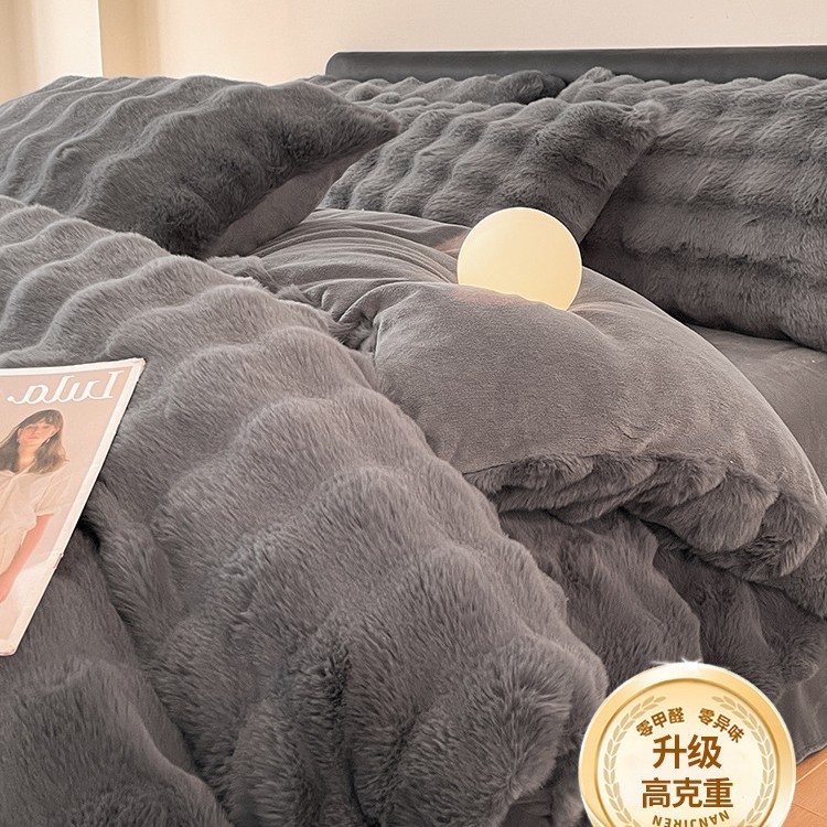 Cama de terciopelo de leche de cuatro piezas de terciopelo de conejo de imitación de alta gama, funda de edredón de sábana de invierno de terciopelo de coral de doble cara gruesa 2025 nuevo