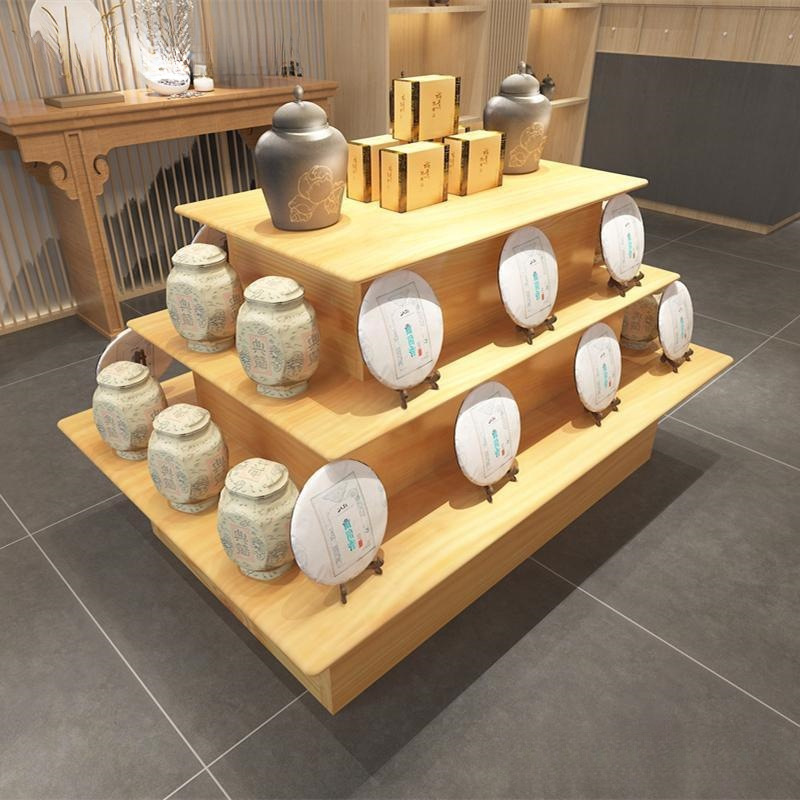茶叶展示柜实木中岛流水台阶梯中式展厅货架烟酒柜组合产品陈列架
