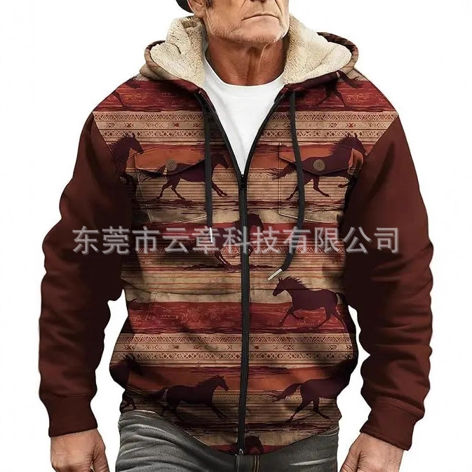 2024 Cross-Border Men's Clothing Fleece-Lined Brown Winter Cotton Jacket Men's Double-Layer Thick Fleece Cotton Coat Warm Cotton Jacket