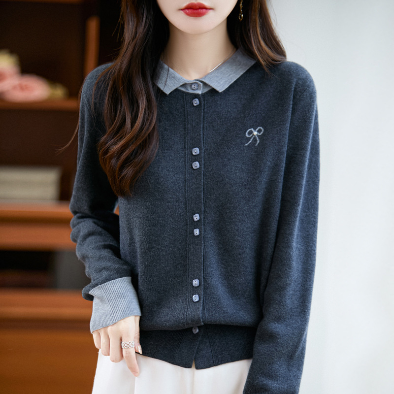 Color-Blocked Shirt Collar Knitted Cardigan Women's Loose Long-Sleeved Spring & Fall New Lapel Inner Layering Shirt Women's Tops