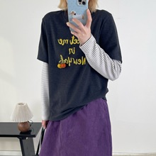 冬季磨毛显瘦条纹假两件t恤女时尚字母刺绣韩系设计感长袖上衣女