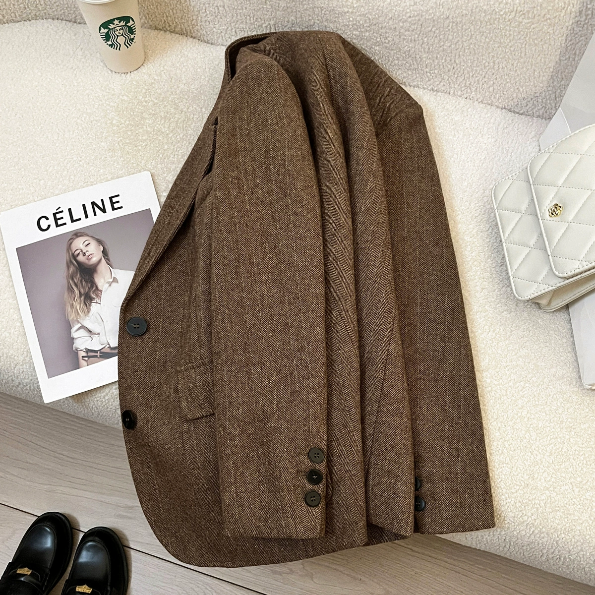 Winter retro quilted classic suit jacket, British style, oversize, increased thickness