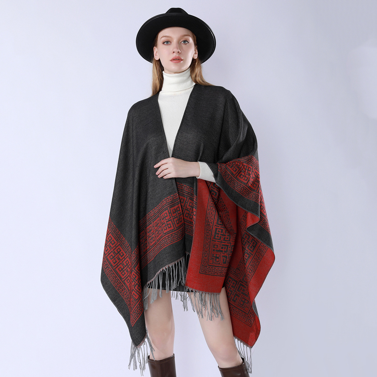 Nuevos productos transfronterizos de moda de otoño y invierno atmósfera simple bordilla exterior con una capa universal de alto caliente capa bifurcada